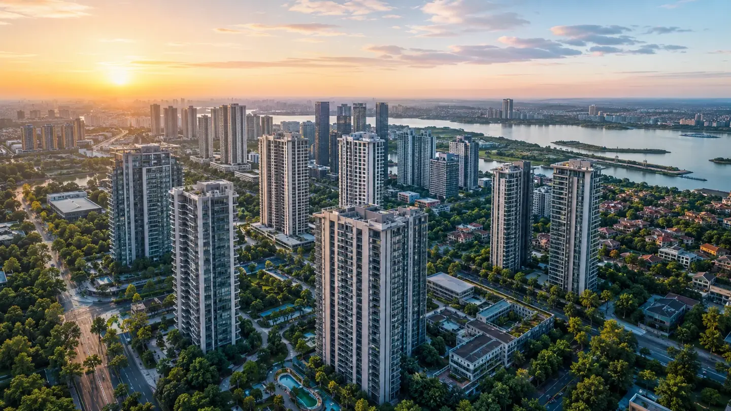 Panorama urbano con torres y áreas verdes