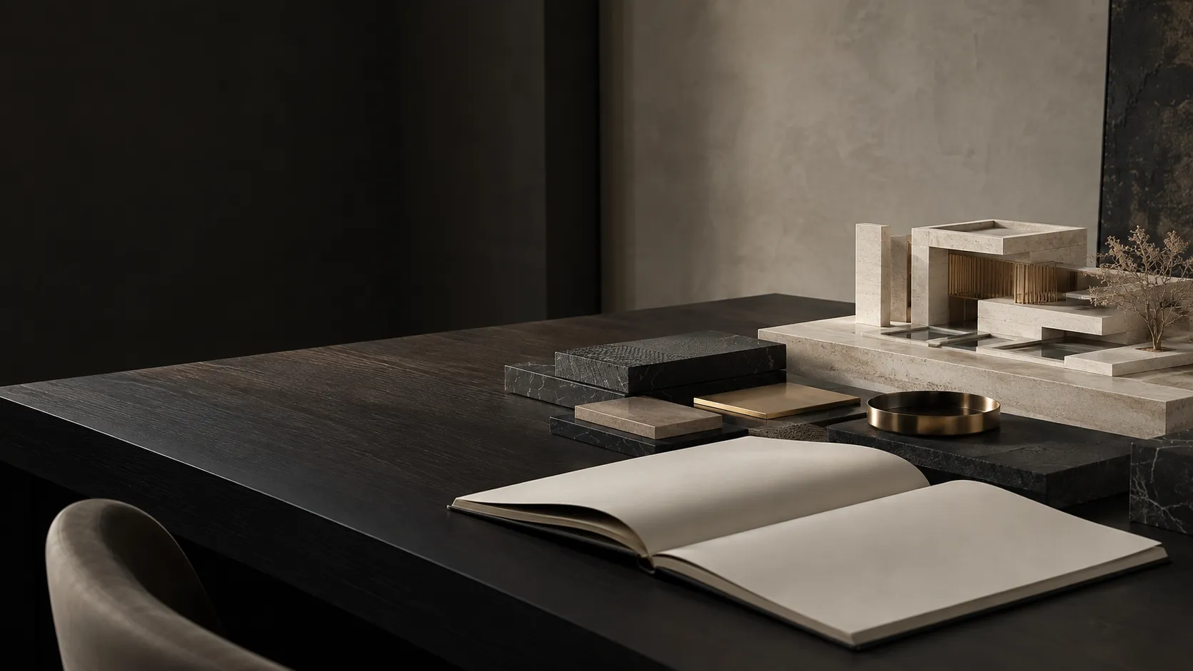 Maqueta y materiales en una mesa de estudio